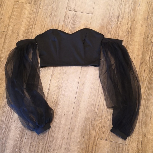 Bardot Mesh Lantern Sleeve Crop Top - Picture 3 of 5